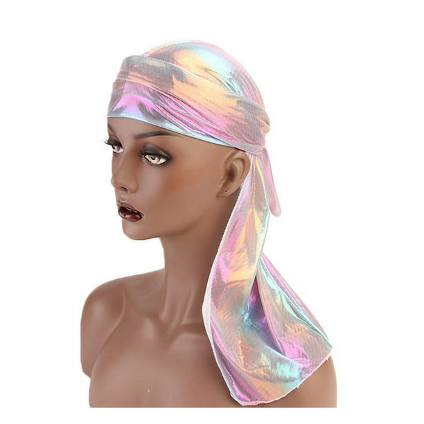Women Silk Laser Polyester Bandana Hat Durag Rag Tail Unisex Headwrap Headwear